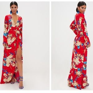 Red Floral Wrap Maxi Dress - V-Neck Long Sleeve